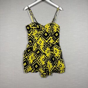 Material Girl Romper Womens Large Yellow Black Aztec Print Adjustable Straps Y2K